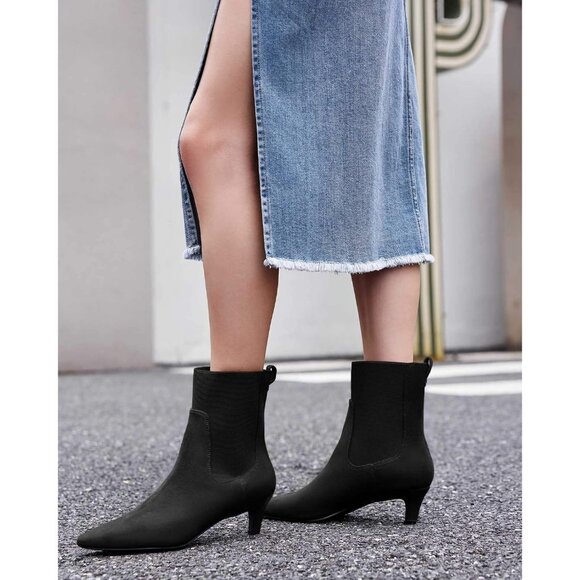 Women's Black Ankle Low Kitten Heel Pointed Toe Slip On Dressy Winter Booties - Picture 2 of 6
